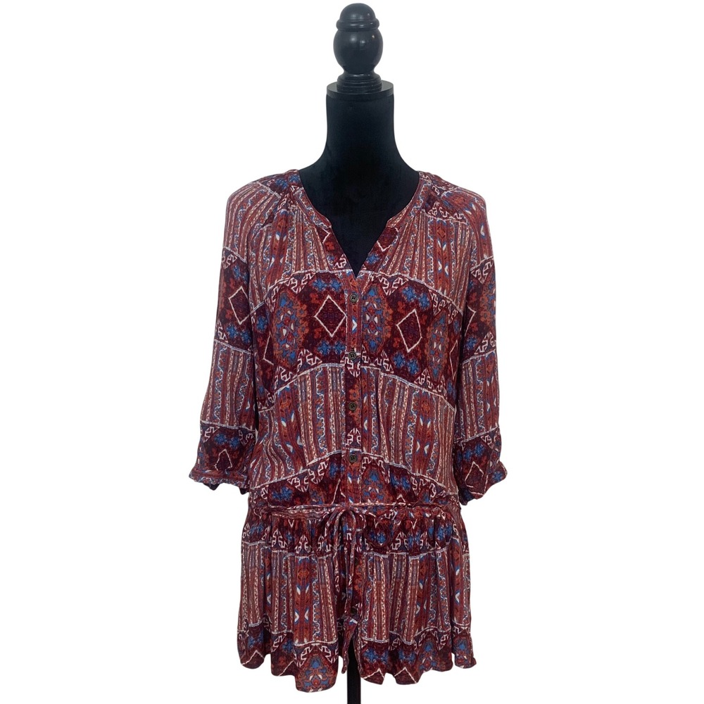Forever 21 Womens Small Boho Tribal Print Drawstring Blouse Red Blue 3/4‎ Sleeve